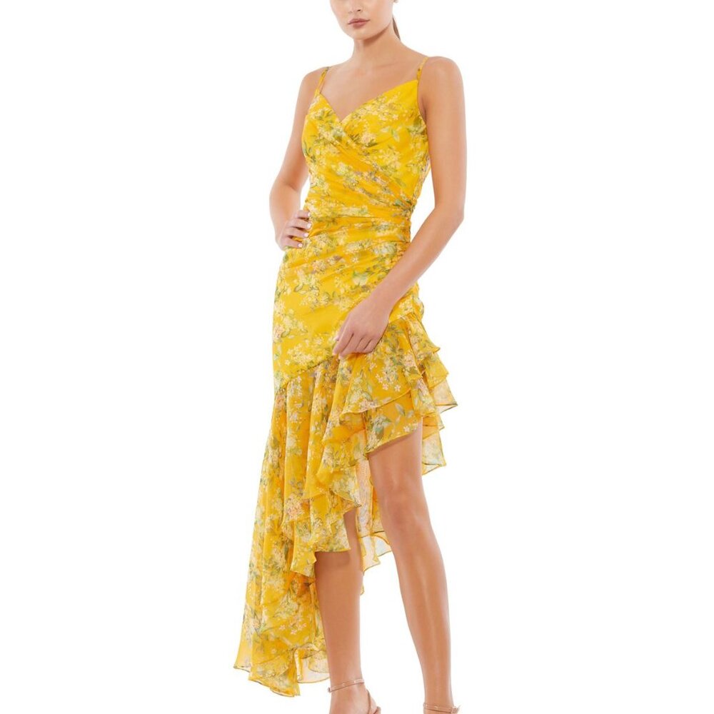 NWT MAC DUGGAL SZ 4 70202 FLORAL RUFFLE ASYMMETRICAL SLIT GOWN YELLOW MULTI
